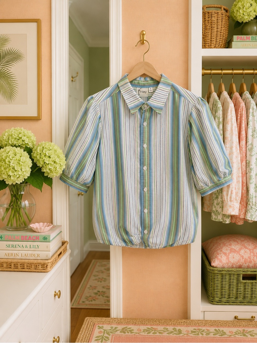 Finley Striped Button-Front Puff Sleeve Blouse in Blue and Green